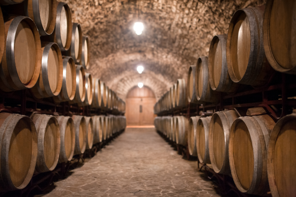 Wine barrels aging in a dimly lit cellar.